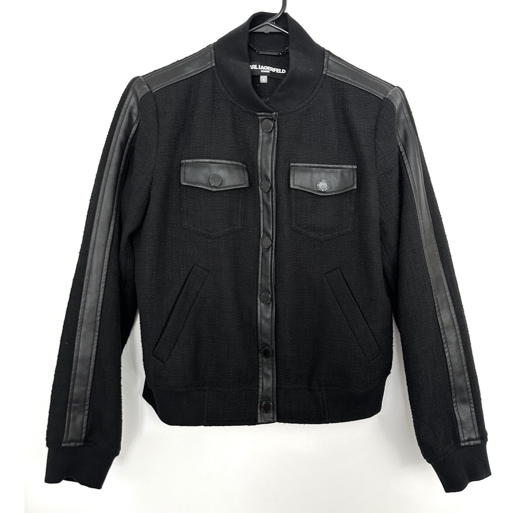 Karl Lagerfeld Paris Bomber Jacket Women 6 Black Tweed Moto Faux Leather Trim
